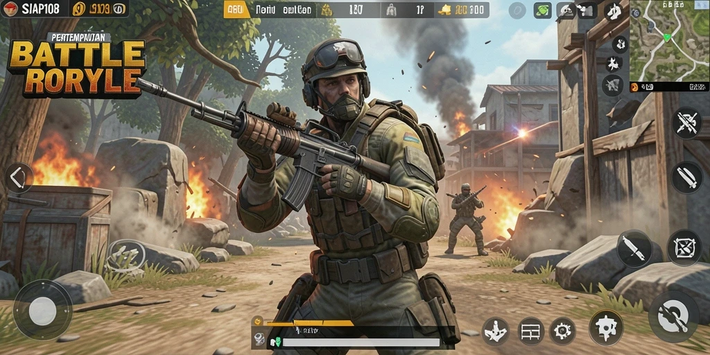 Tangkapan layar utama SIAP108 menunjukkan aksi intens dalam permainan Battle Royale.