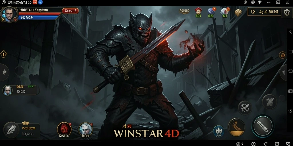 Tangkapan layar gameplay WINSTAR4D menampilkan suasana menyeramkan dengan makhluk yang mengintai.